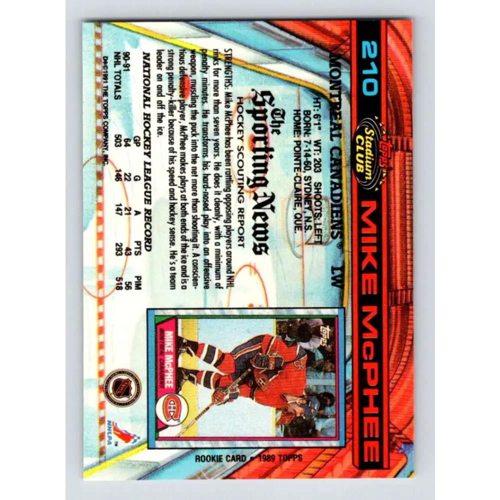 1991-92 Topps Stadium Club #210 Mike McPhee NM-MT Montreal Canadiens Hockey Card Image 2