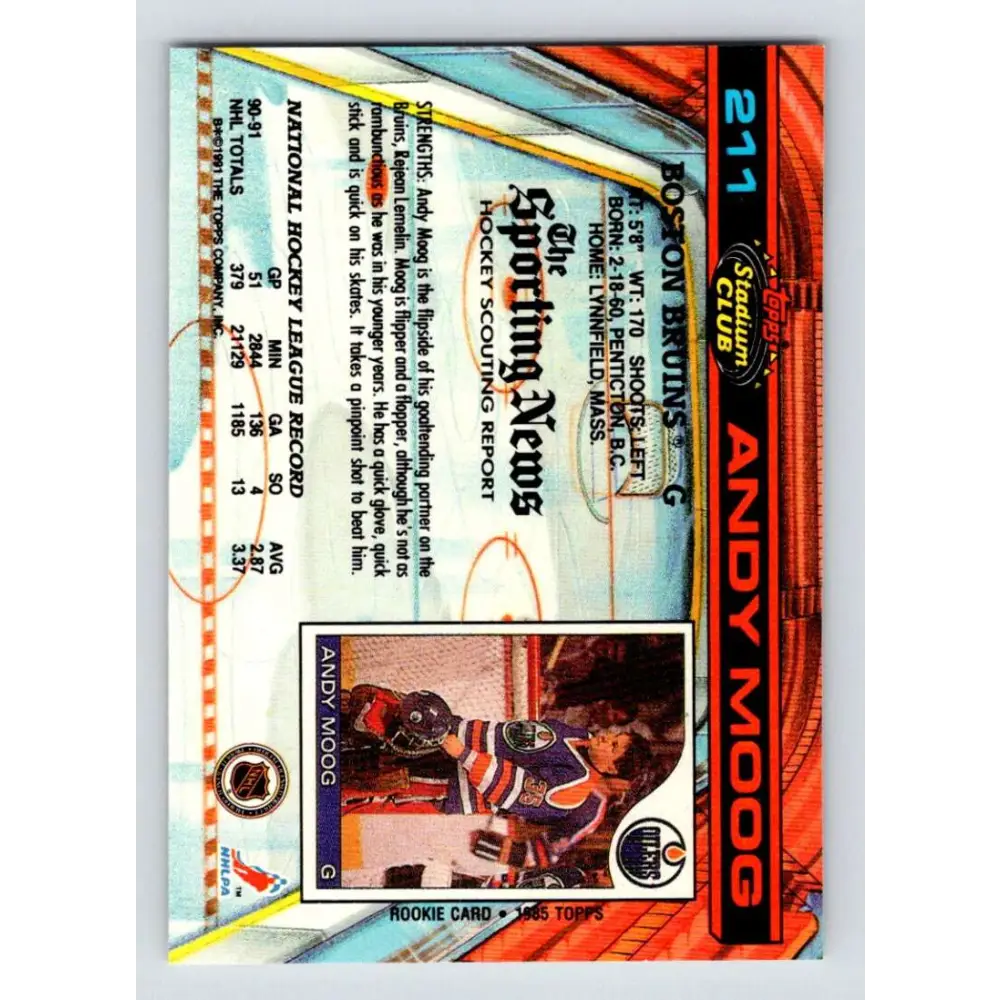1991-92 Topps Stadium Club #211 Andy Moog NM-MT Boston Bruins Hockey Card Image 2