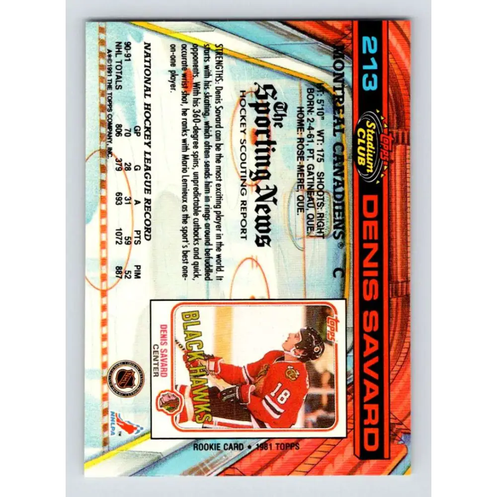1991-92 Topps Stadium Club #213 Denis Savard NM-MT Montreal Canadiens Hockey Card Image 2