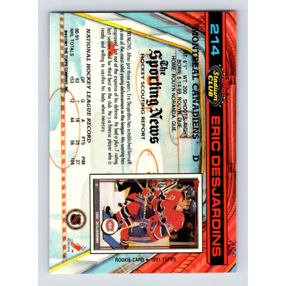 1991-92 Topps Stadium Club #214 Eric Desjardins NM-MT Montreal Canadiens Hockey Card Image 2