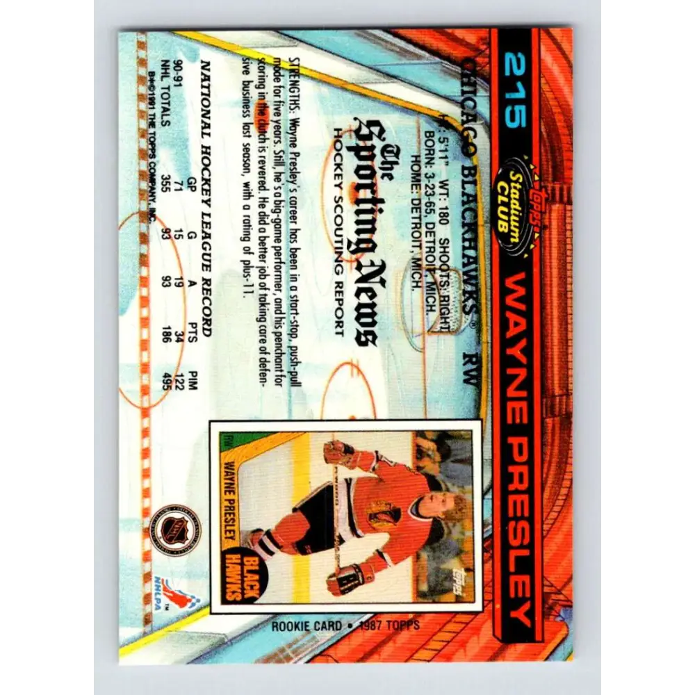 1991-92 Topps Stadium Club #215 Wayne Presley NM-MT Chicago Blackhawks Hockey Card Image 2