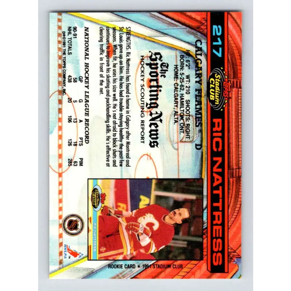 1991-92 Topps Stadium Club #217 Ric Nattress NM-MT Calgary Flames Hockey Card Image 2