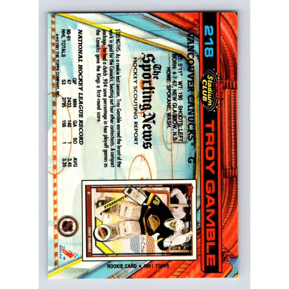 1991-92 Topps Stadium Club #218 Troy Gamble NM-MT Vancouver Canucks Hockey Card Image 2