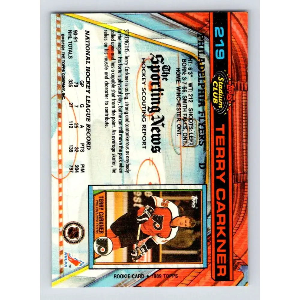 1991-92 Topps Stadium Club #219 Terry Carkner NM-MT Philadelphia Flyers Hockey Card Image 2