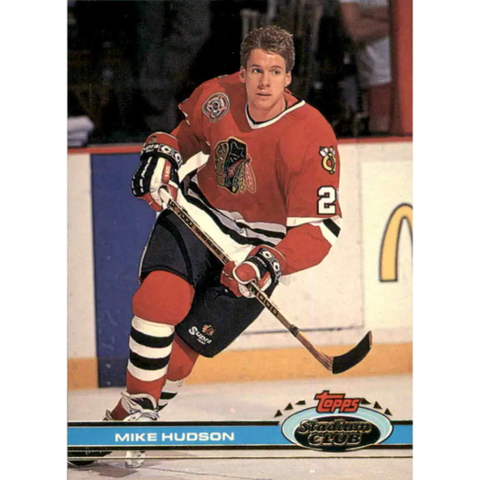1991-92 Topps Stadium Club #22 Mike Hudson NM-MT Chicago Blackhawks Hockey Card Image 1