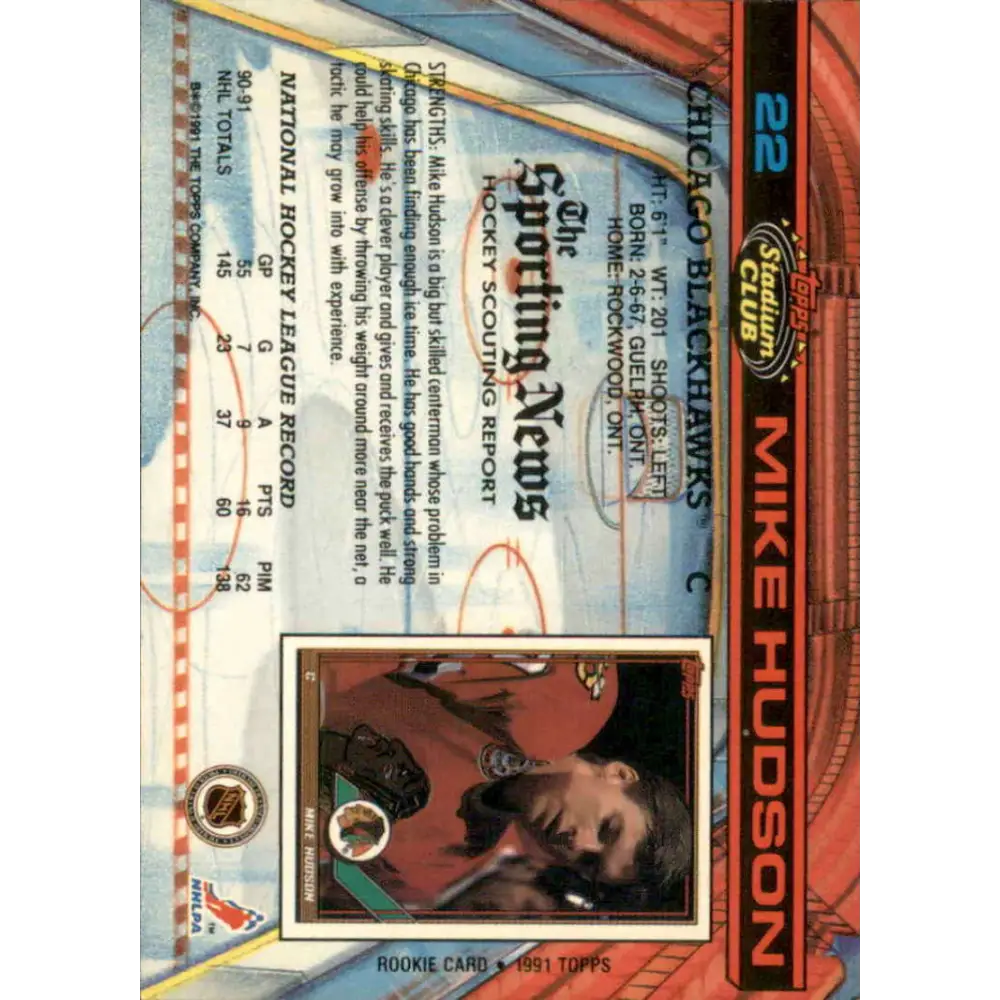 1991-92 Topps Stadium Club #22 Mike Hudson NM-MT Chicago Blackhawks Hockey Card Image 2