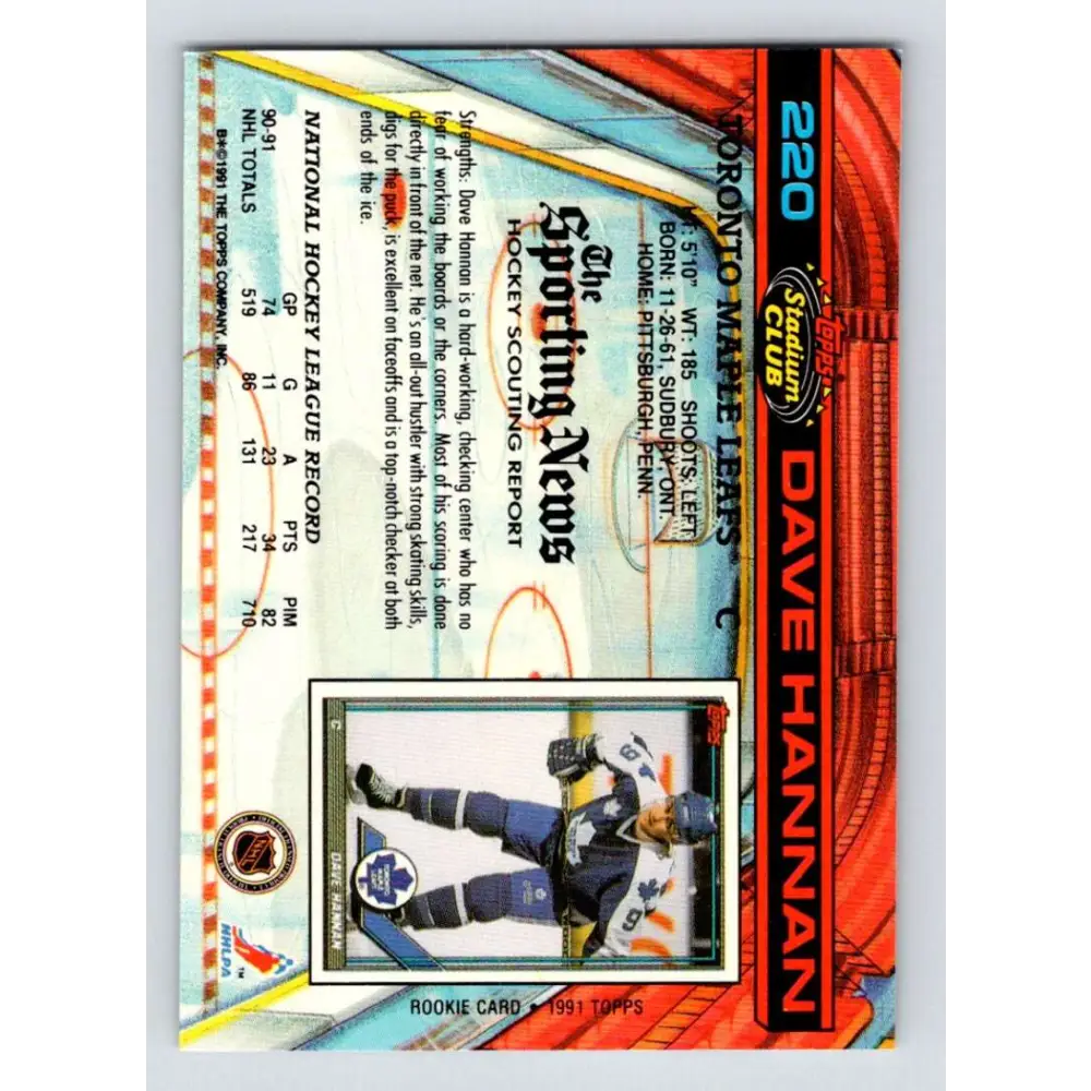 1991-92 Topps Stadium Club #220 Dave Hannan NM-MT Toronto Maple Leafs Hockey Card Image 2
