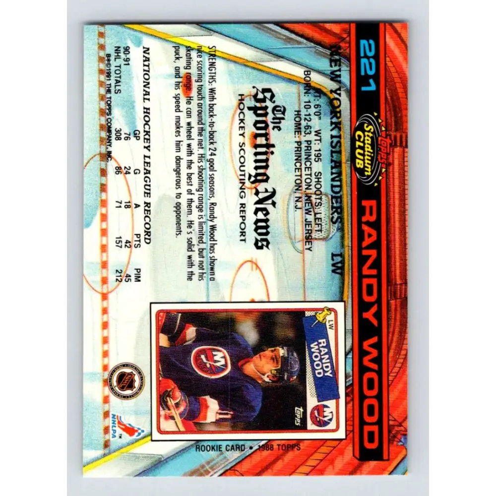 1991-92 Topps Stadium Club #221 Randy Wood NM-MT New York Islanders Hockey Card Image 2