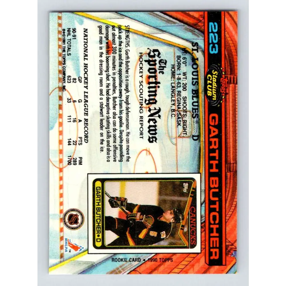 1991-92 Topps Stadium Club #223 Garth Butcher NM-MT St. Louis Blues Hockey Card Image 2