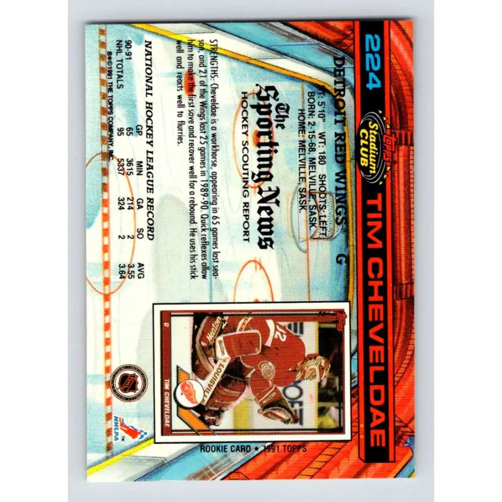 1991-92 Topps Stadium Club #224 Tim Cheveldae NM-MT Detroit Red Wings Hockey Card Image 2