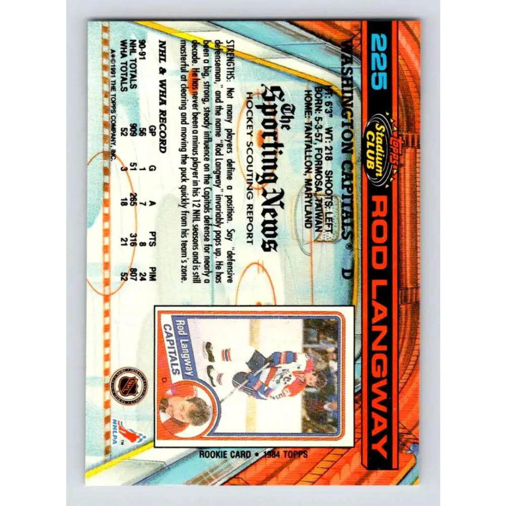 1991-92 Topps Stadium Club #225 Rod Langway NM-MT Washington Capitals Hockey Card Image 2