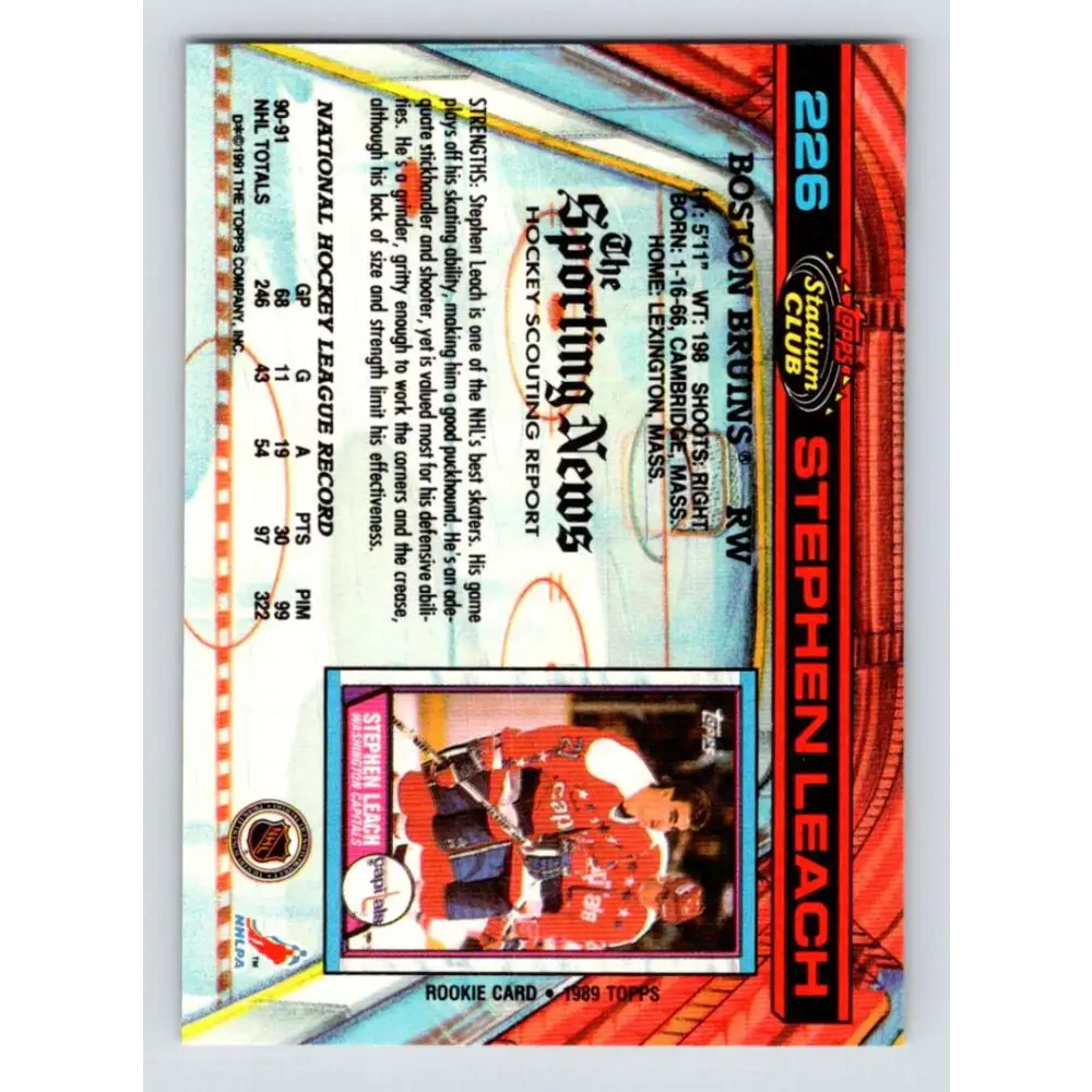1991-92 Topps Stadium Club #226 Stephen Leach NM-MT Boston Bruins Hockey Card Image 2