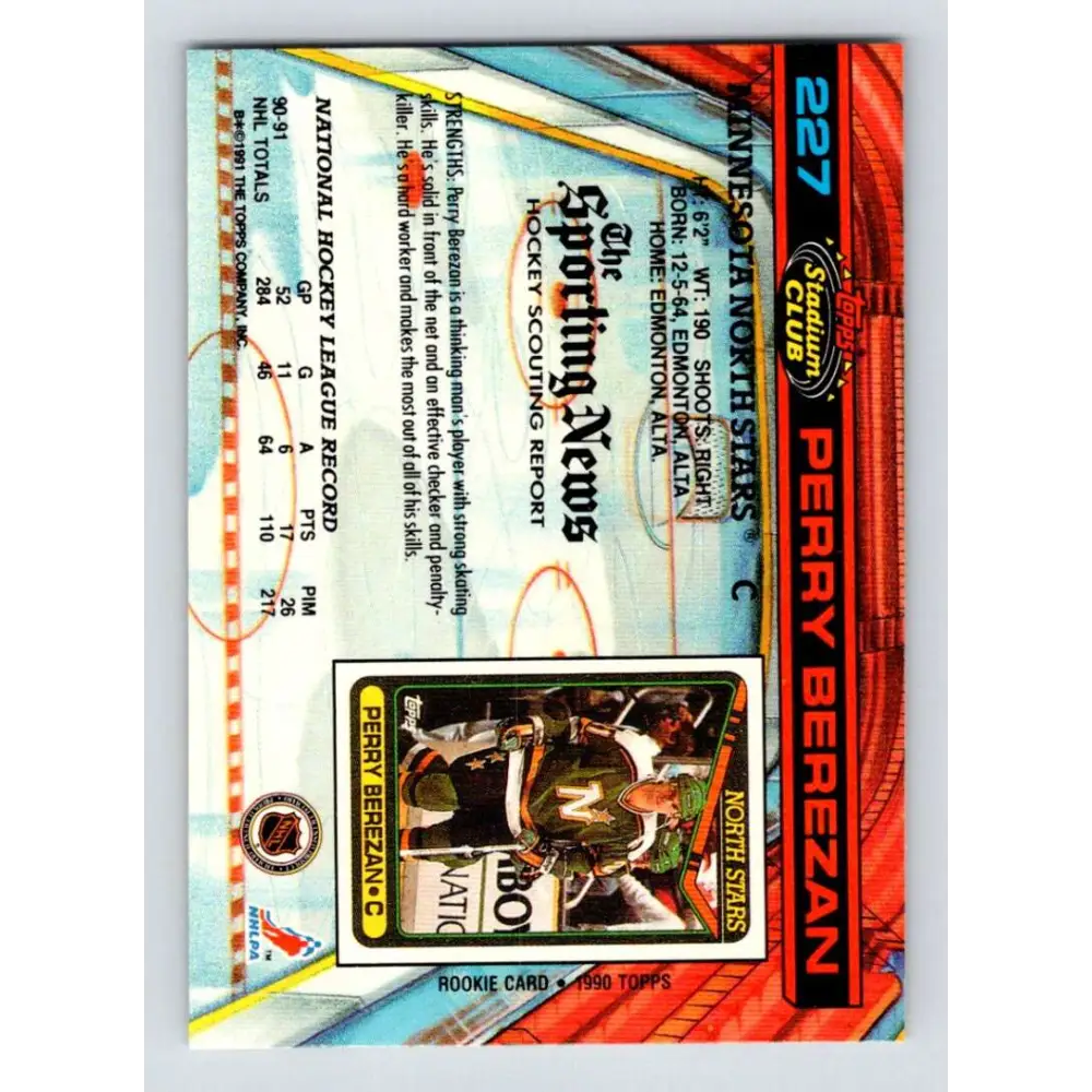 1991-92 Topps Stadium Club #227 Perry Berezan NM-MT Minnesota North Stars Hockey Card Image 2