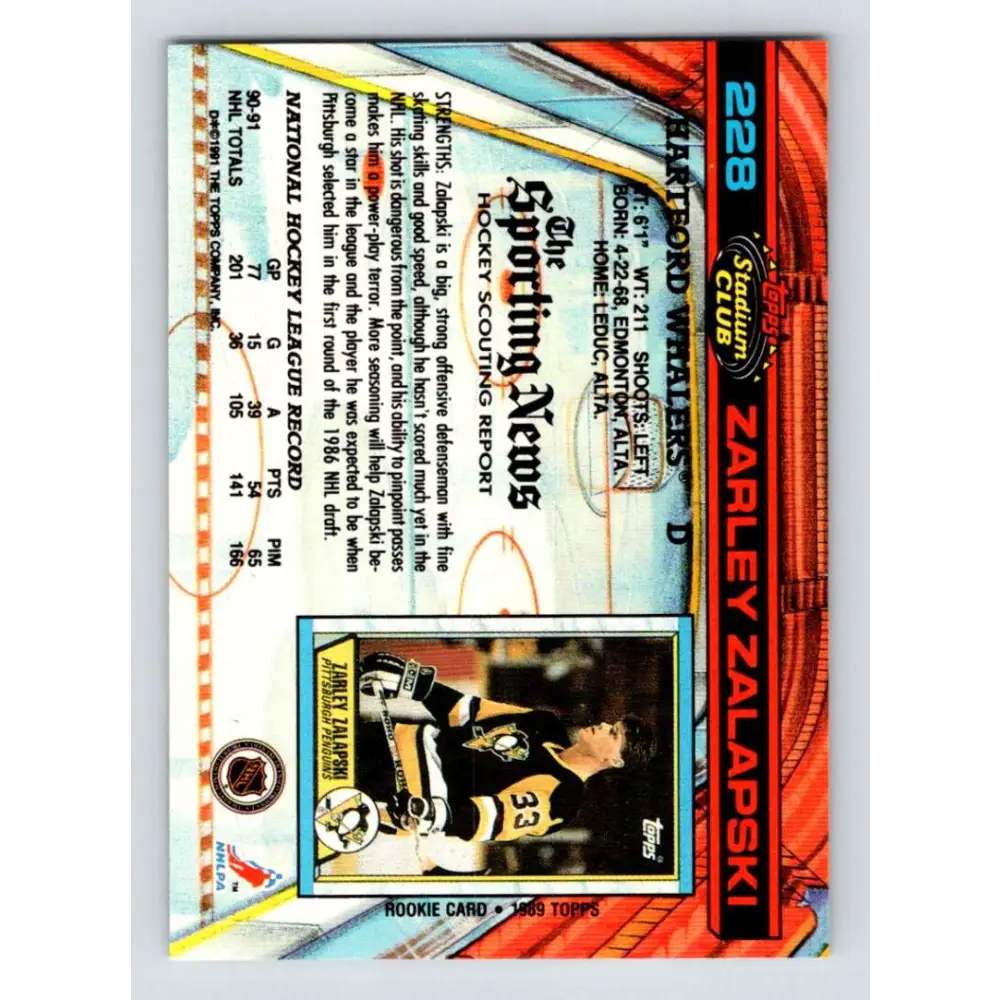 1991-92 Topps Stadium Club #228 Zarley Zalapski NM-MT Hartford Whalers Hockey Card Image 2