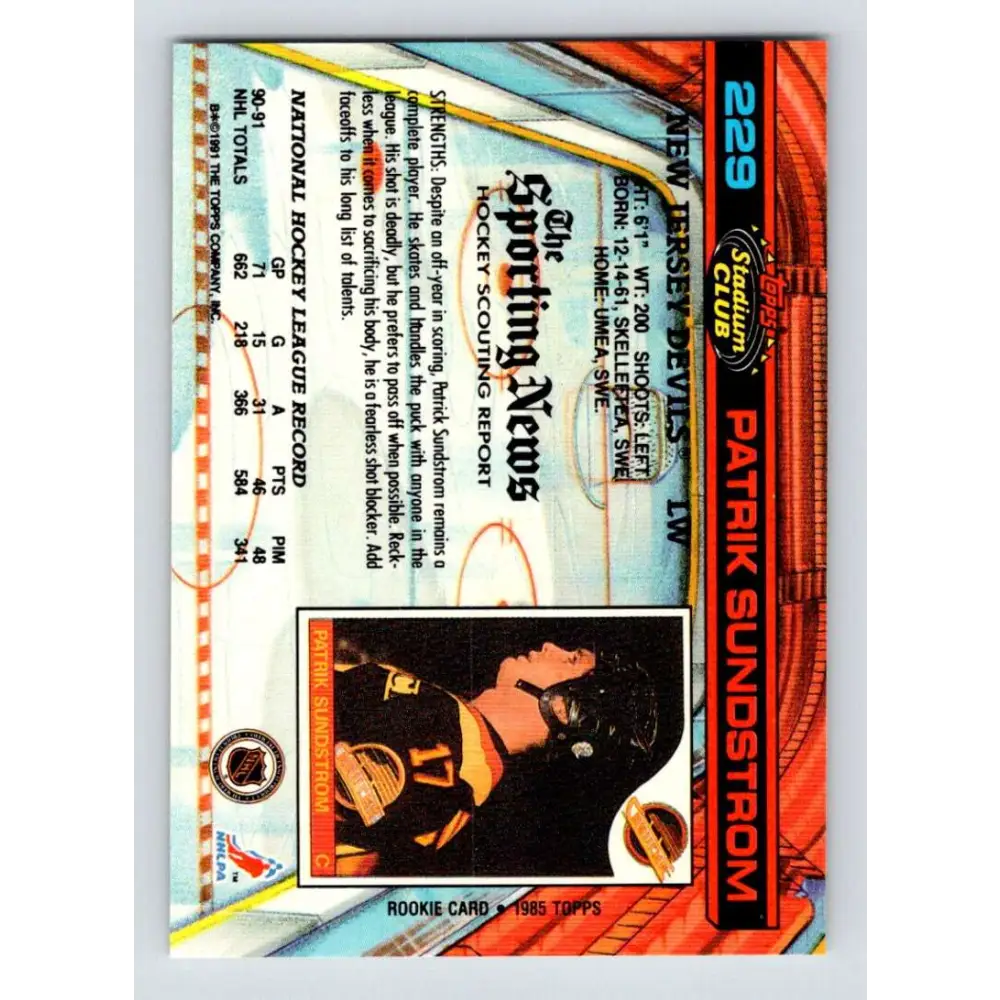 1991-92 Topps Stadium Club #229 Patrik Sundstrom NM-MT New Jersey Devils Hockey Card Image 2