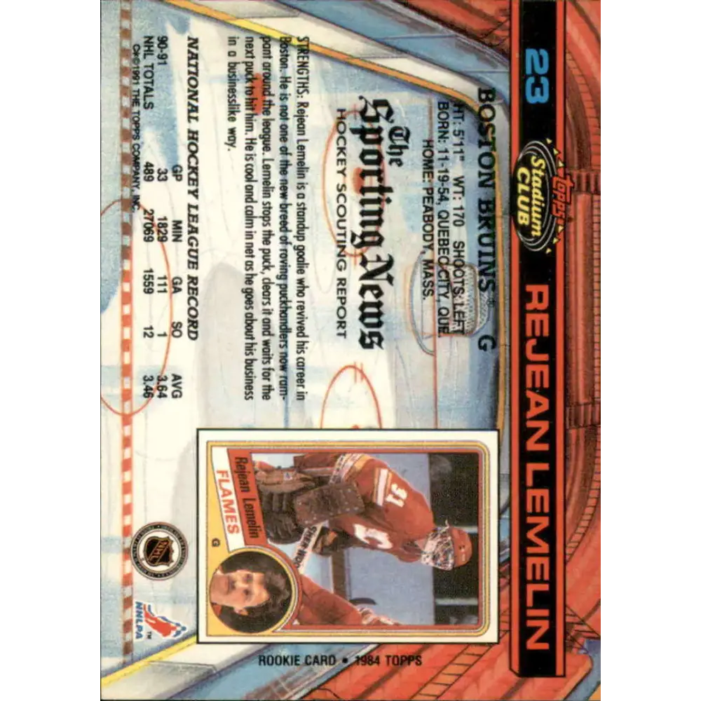 1991-92 Topps Stadium Club #23 Rejean Lemelin NM-MT Boston Bruins Hockey Card Image 2