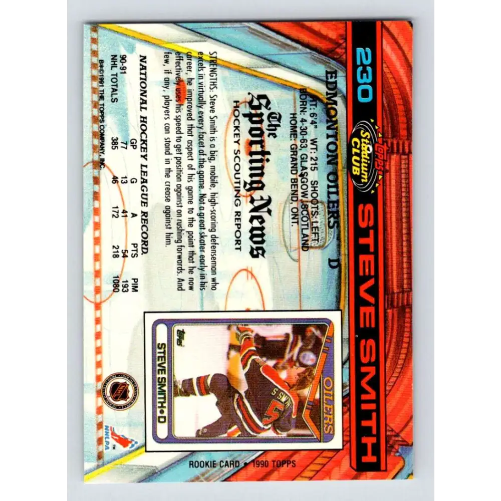 1991-92 Topps Stadium Club #230 Steve Smith NM-MT Edmonton Oilers Hockey Card Image 2