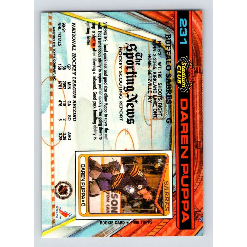 1991-92 Topps Stadium Club #231 Daren Puppa NM-MT Buffalo Sabres Hockey Card Image 2