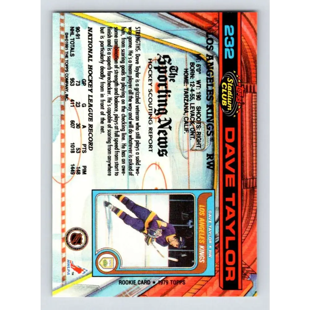 1991-92 Topps Stadium Club #232 Dave Taylor NM-MT Los Angeles Kings Hockey Card Image 2