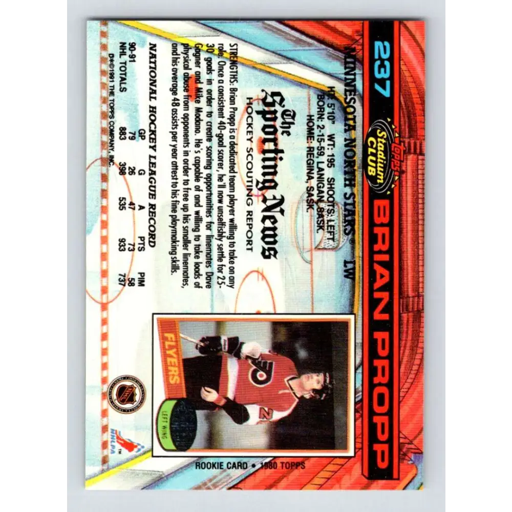 1991-92 Topps Stadium Club #237 Brian Propp NM-MT Minnesota North Stars Hockey Card Image 2