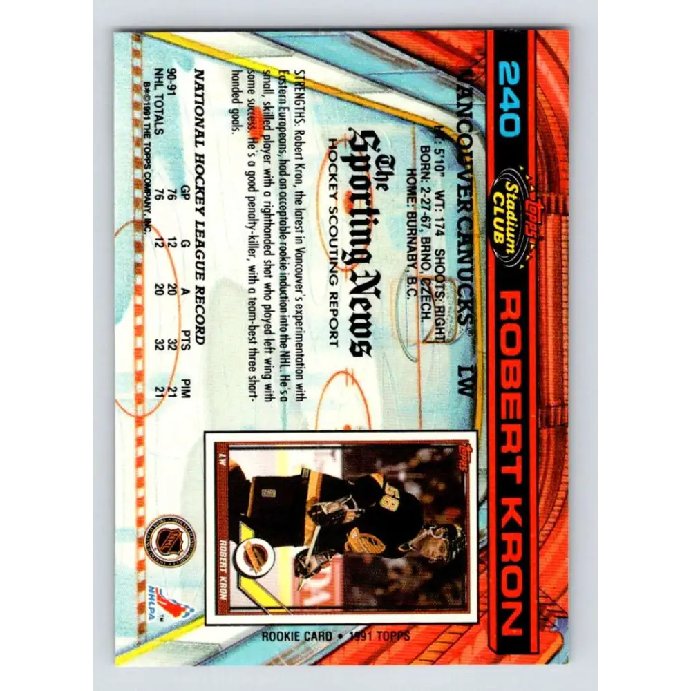 1991-92 Topps Stadium Club #240 Robert Kron NM-MT Vancouver Canucks Hockey Card Image 2