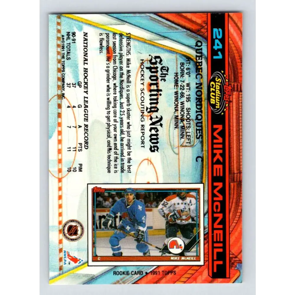1991-92 Topps Stadium Club #241 Mike McNeil NM-MT Quebec Nordiques Hockey Card Image 2
