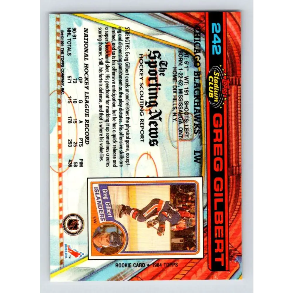 1991-92 Topps Stadium Club #242 Greg Gilbert NM-MT Chicago Blackhawks Hockey Card Image 2