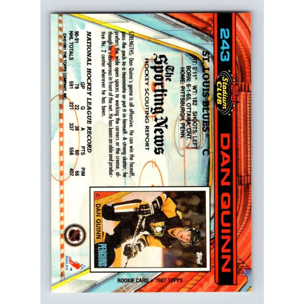 1991-92 Topps Stadium Club #243 Dan Quinn NM-MT St. Louis Blues Hockey Card Image 2