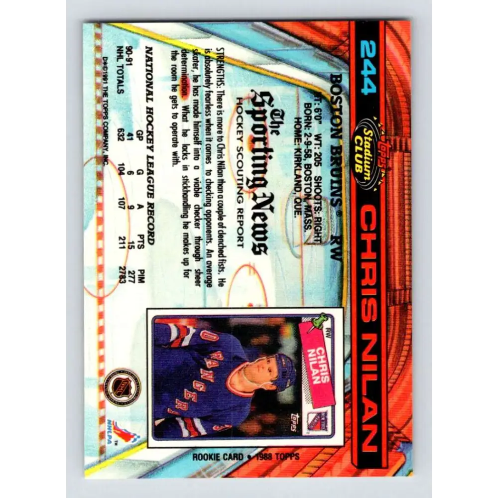 1991-92 Topps Stadium Club #244 Chris Nilan NM-MT Boston Bruins Hockey Card Image 2