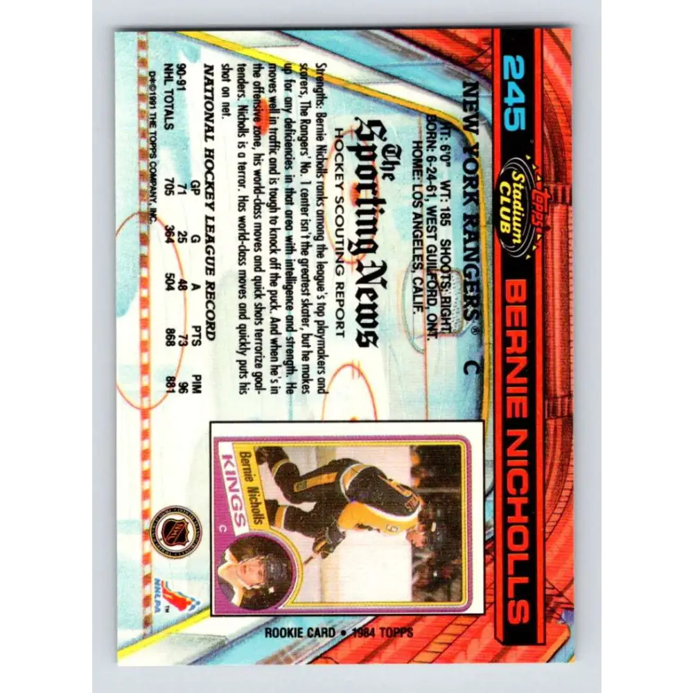 1991-92 Topps Stadium Club #245 Bernie Nicholls NM-MT New York Rangers Hockey Card Image 2