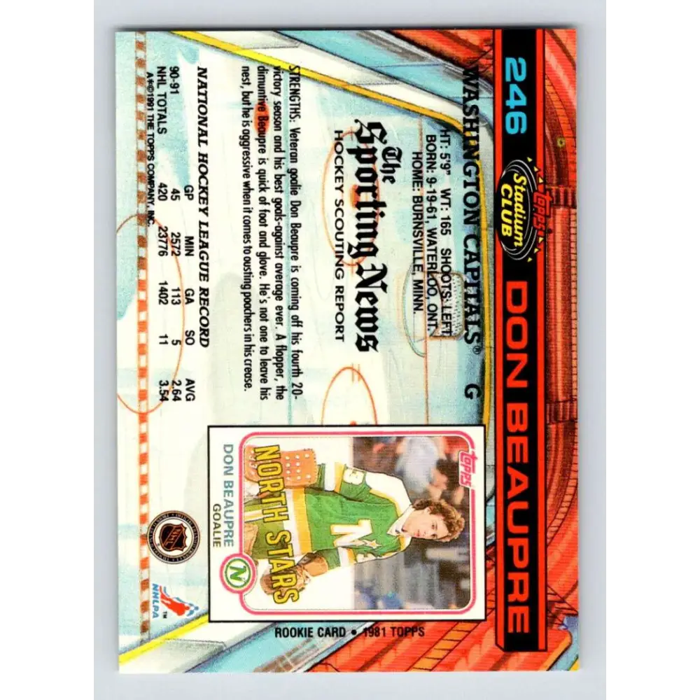 1991-92 Topps Stadium Club #246 Don Beaupre NM-MT Washington Capitals Hockey Card Image 2