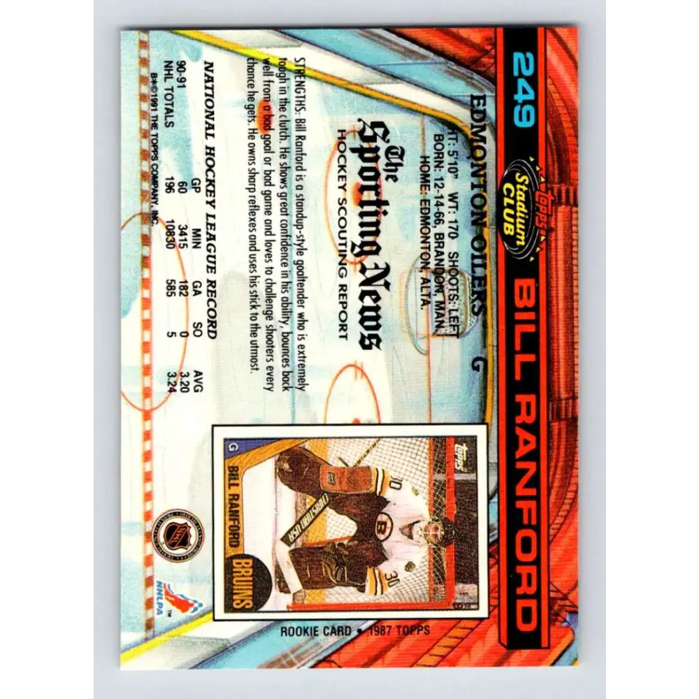 1991-92 Topps Stadium Club #249 Bill Ranford NM-MT Edmonton Oilers Hockey Card Image 2