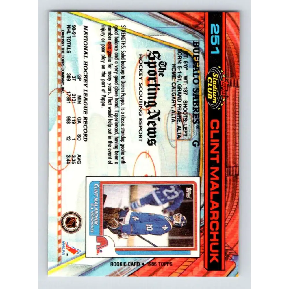 1991-92 Topps Stadium Club #251 Clint Malarchuk NM-MT Buffalo Sabres Hockey Card Image 2