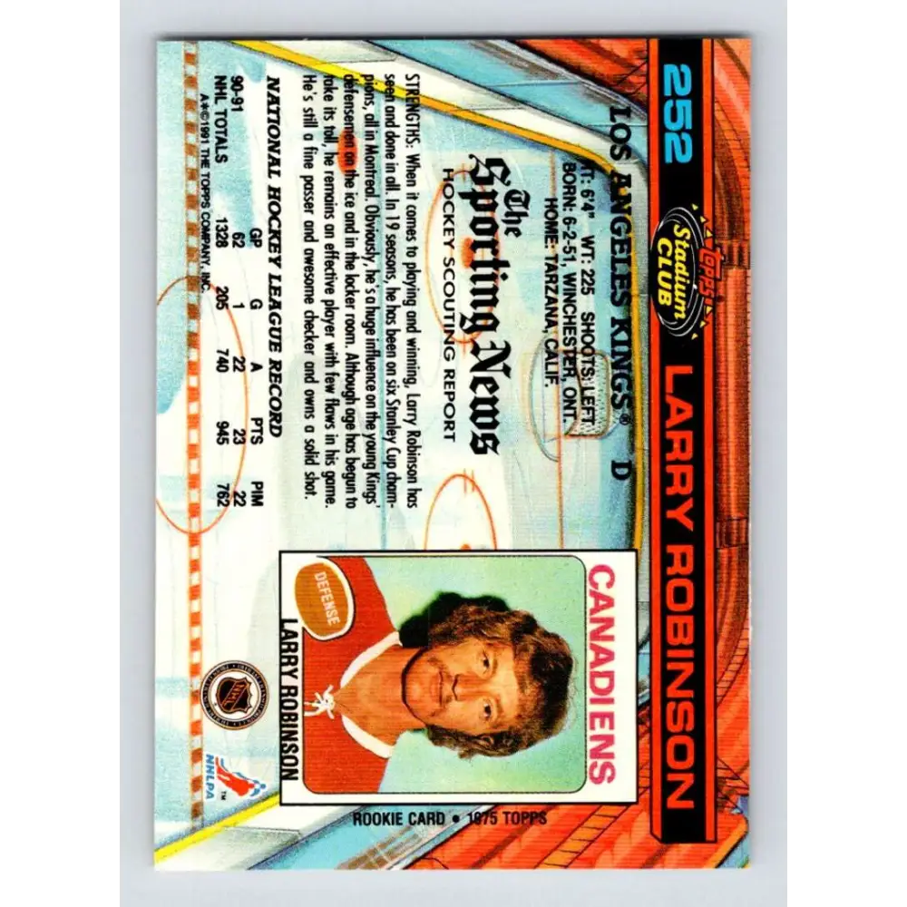 1991-92 Topps Stadium Club #252 Larry Robinson NM-MT Los Angeles Kings Hockey Card Image 2