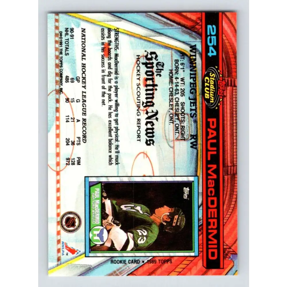 1991-92 Topps Stadium Club #254 Paul MacDermid NM-MT Winnipeg Jets Hockey Card Image 2