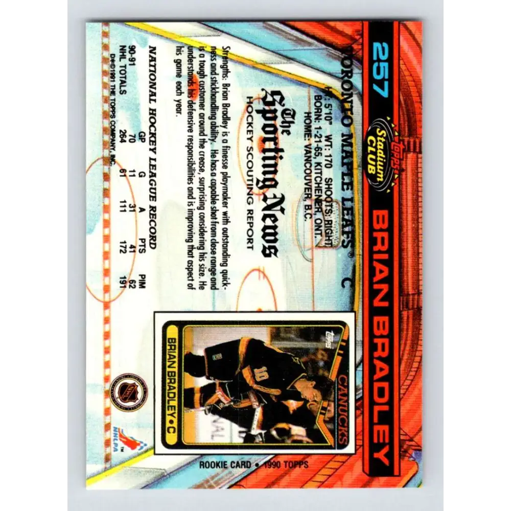 1991-92 Topps Stadium Club #257 Brian Bradley NM-MT Toronto Maple Leafs Hockey Card Image 2