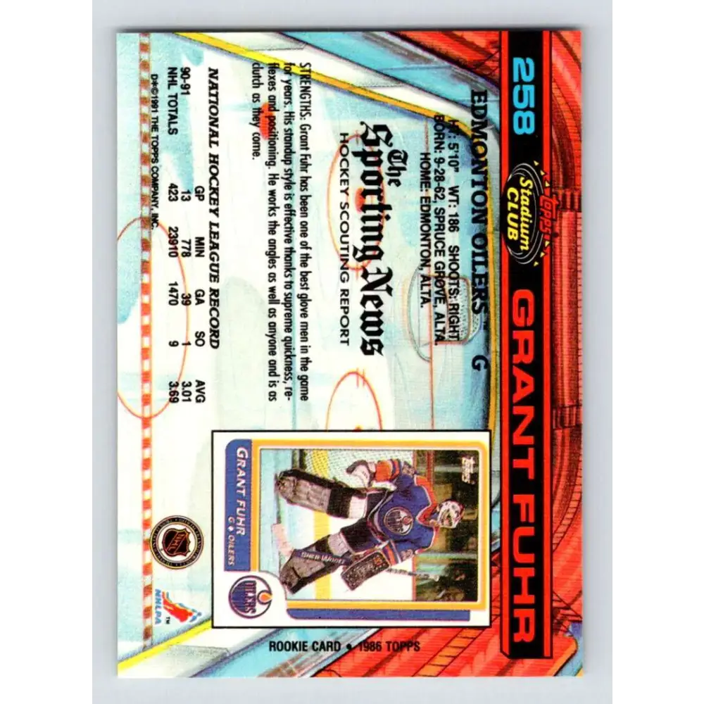 1991-92 Topps Stadium Club #258 Grant Fuhr NM-MT Edmonton Oilers Hockey Card Image 2