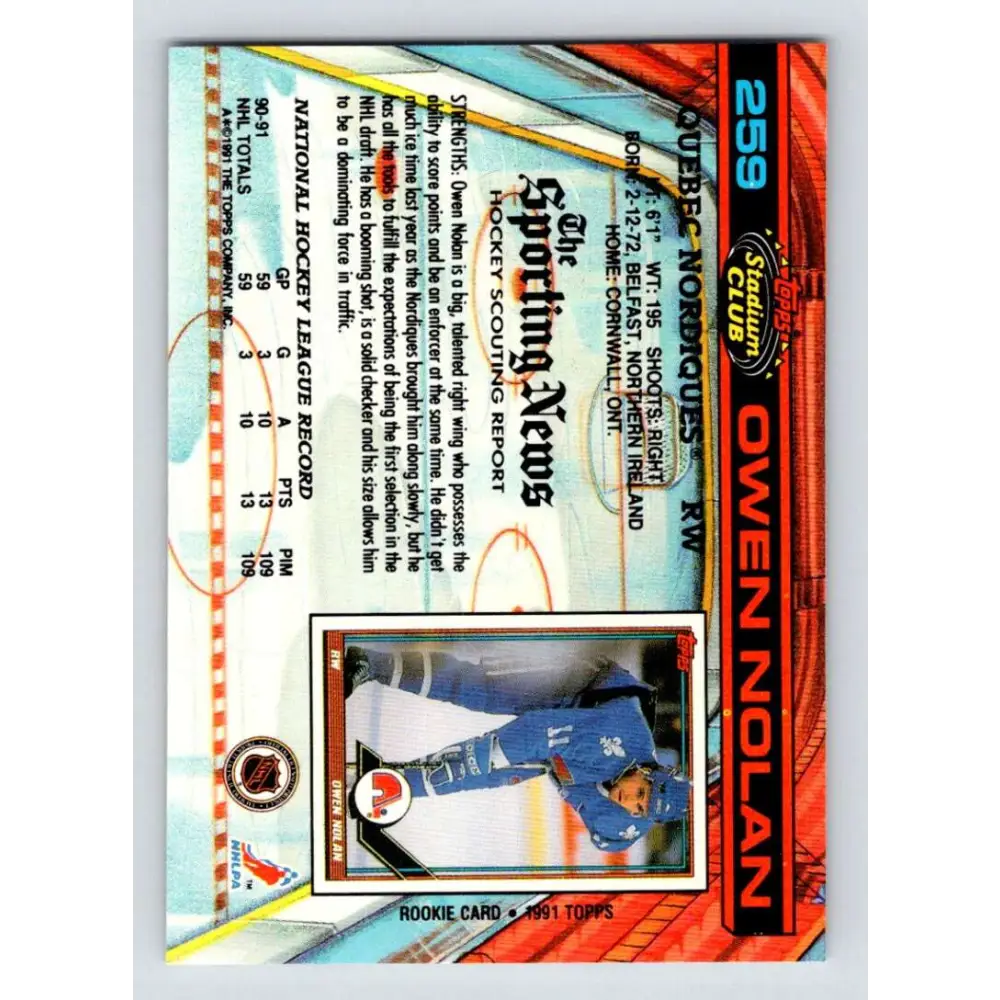 1991-92 Topps Stadium Club #259 Owen Nolan NM-MT Quebec Nordiques Hockey Card Image 2