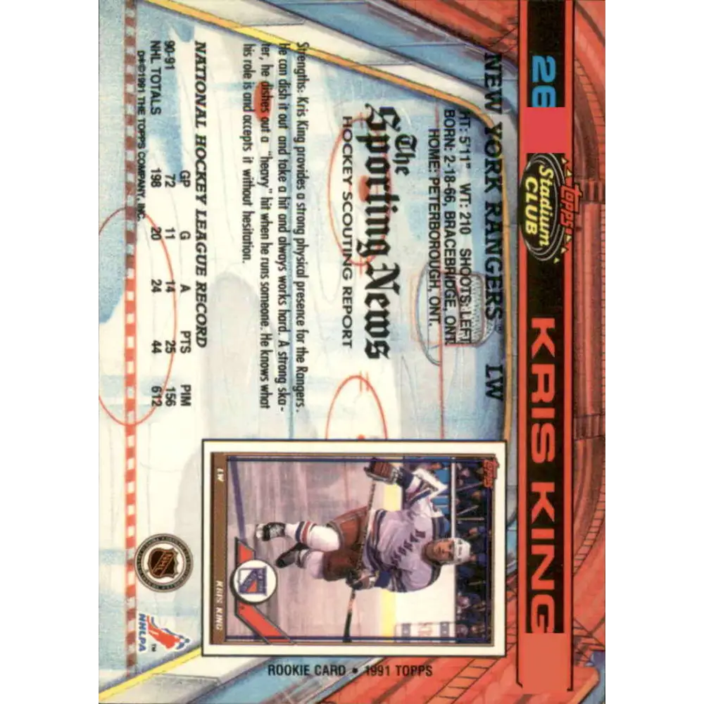 1991-92 Topps Stadium Club #26 Kris King NM-MT New York Rangers Hockey Card Image 2