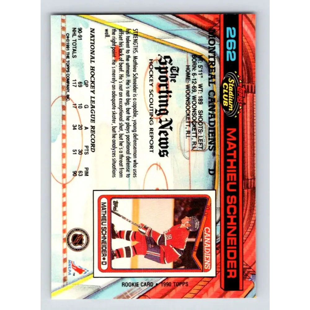 1991-92 Topps Stadium Club #262 Mathieu Schneider NM-MT Montreal Canadiens Hockey Card Image 2