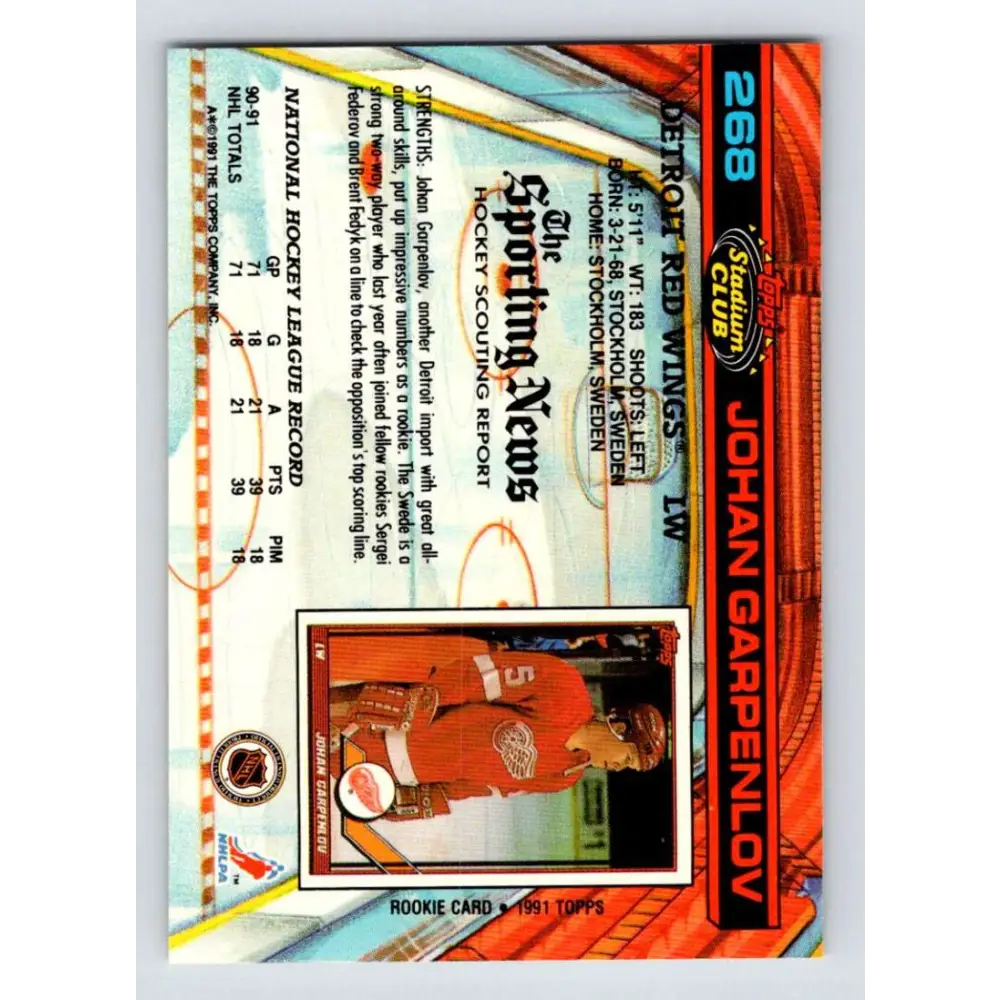 1991-92 Topps Stadium Club #268 Johan Garpenlov NM-MT Detroit Red Wings Hockey Card Image 2