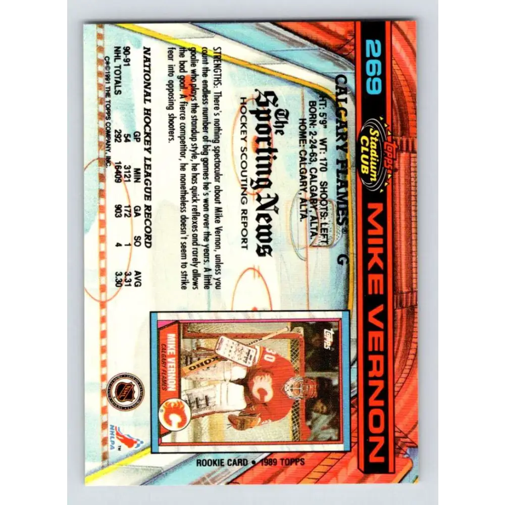 1991-92 Topps Stadium Club #269 Mike Vernon NM-MT Calgary Flames Hockey Card Image 2