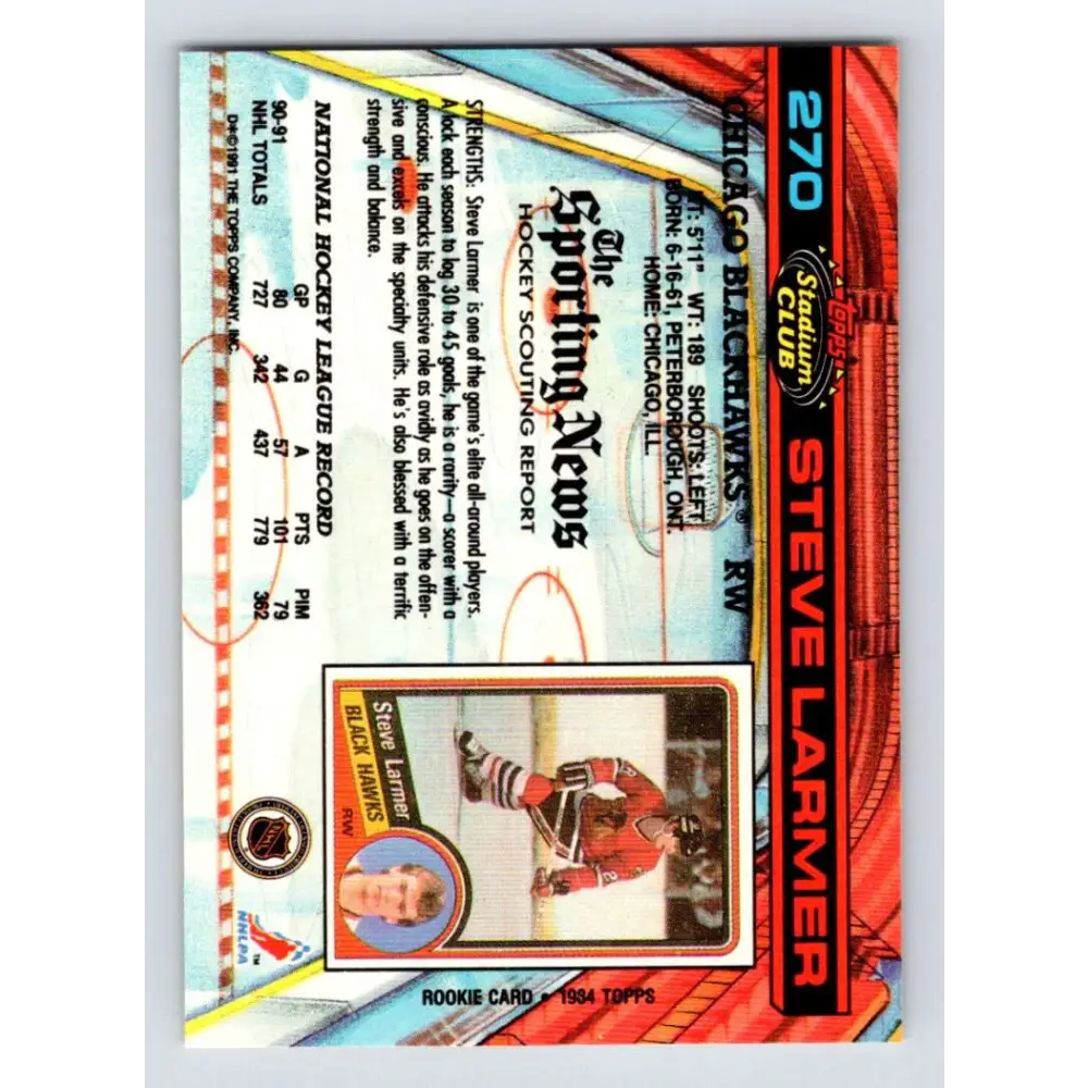 1991-92 Topps Stadium Club #270 Steve Larmer NM-MT Chicago Blackhawks Hockey Card Image 2