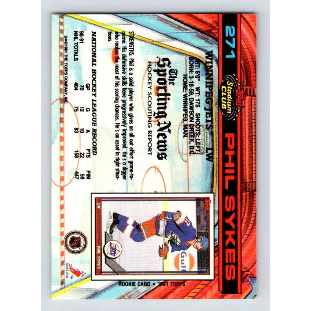 1991-92 Topps Stadium Club #271 Phil Sykes NM-MT Winnipeg Jets Hockey Card Image 2