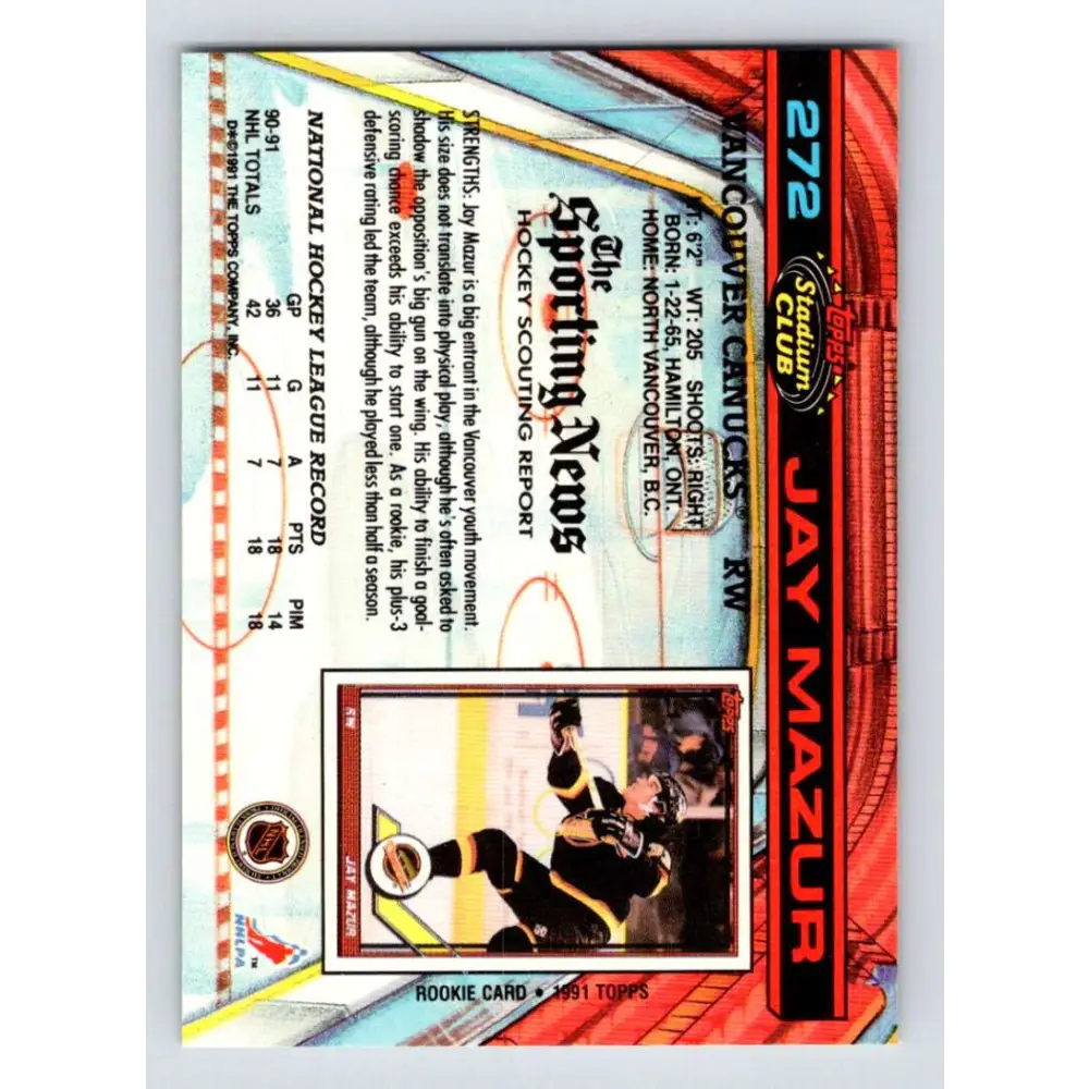 1991-92 Topps Stadium Club #272 Jay Mazur NM-MT Vancouver Canucks Hockey Card Image 2