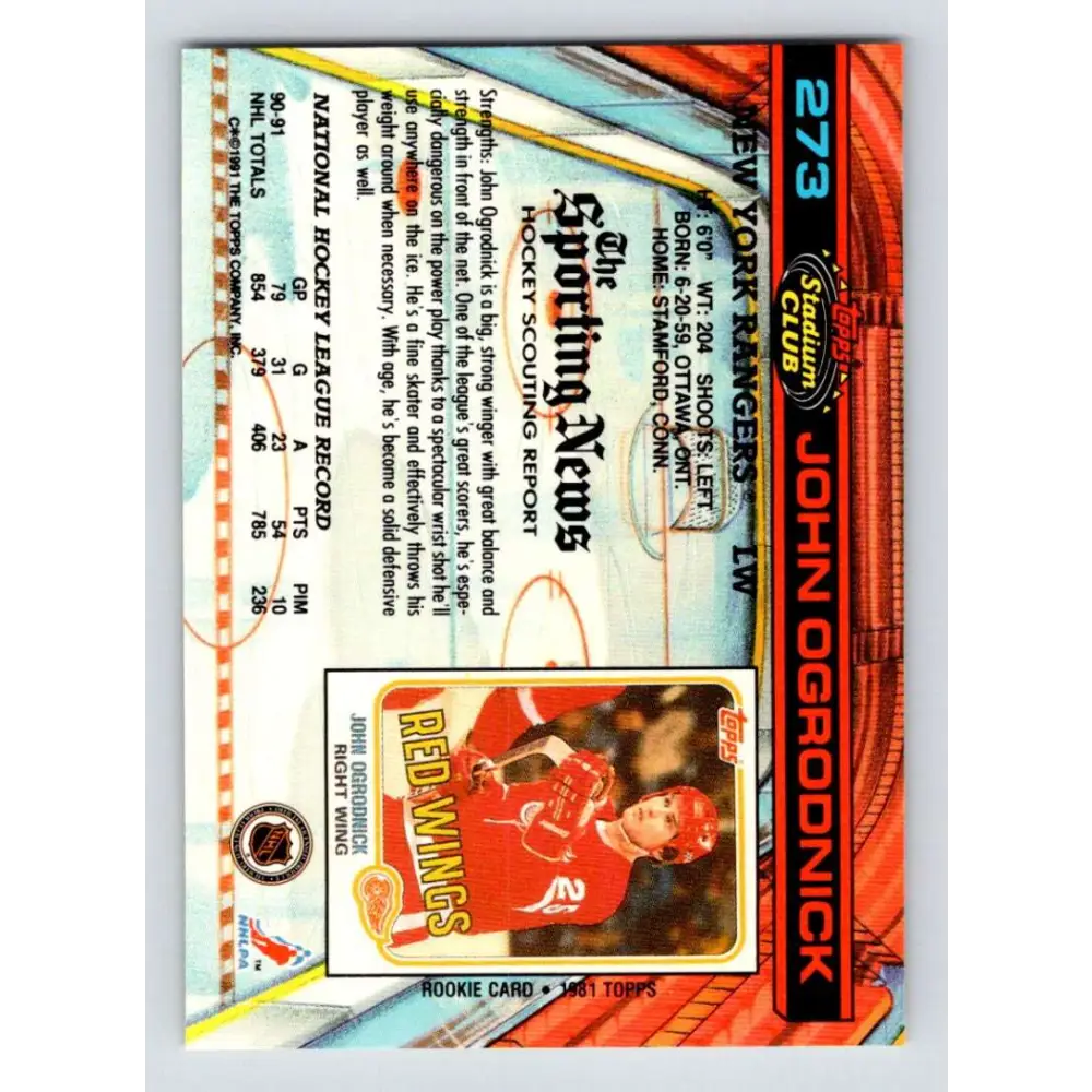 1991-92 Topps Stadium Club #273 John Ogrodnick NM-MT New York Rangers Hockey Card Image 2