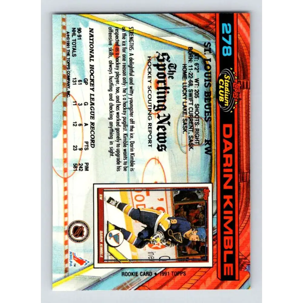 1991-92 Topps Stadium Club #278 Darin Kimble NM-MT St. Louis Blues Hockey Card Image 2