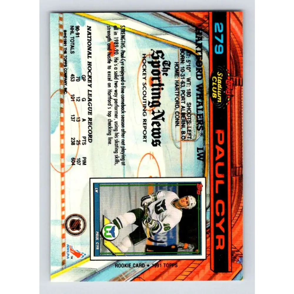 1991-92 Topps Stadium Club #279 Paul Cyr NM-MT Hartford Whalers Hockey Card Image 2