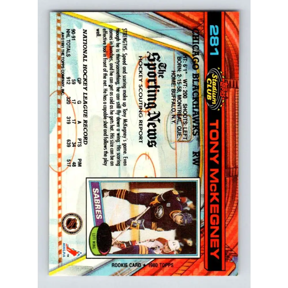 1991-92 Topps Stadium Club #281 Tony McKegney NM-MT Chicago Blackhawks Hockey Card Image 2