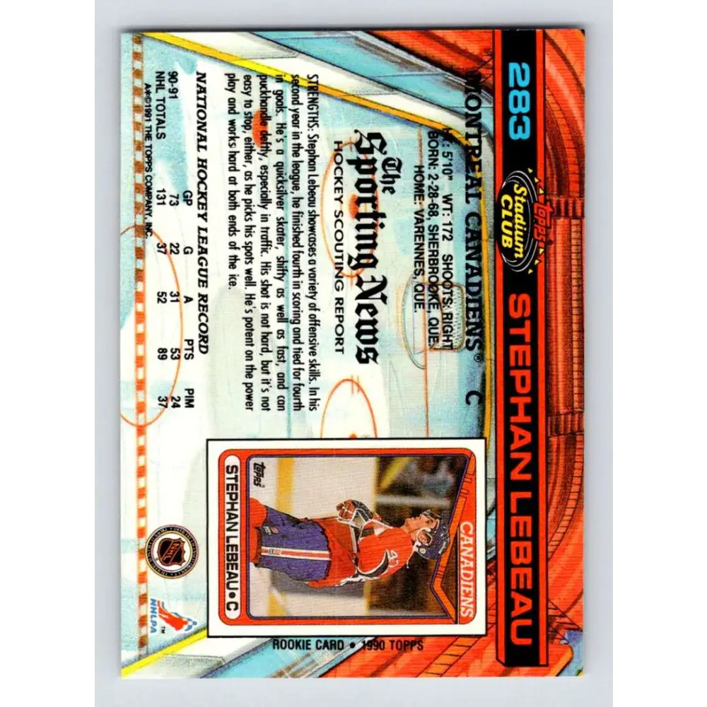 1991-92 Topps Stadium Club #283 Stephan Lebeau NM-MT Montreal Canadiens Hockey Card Image 2
